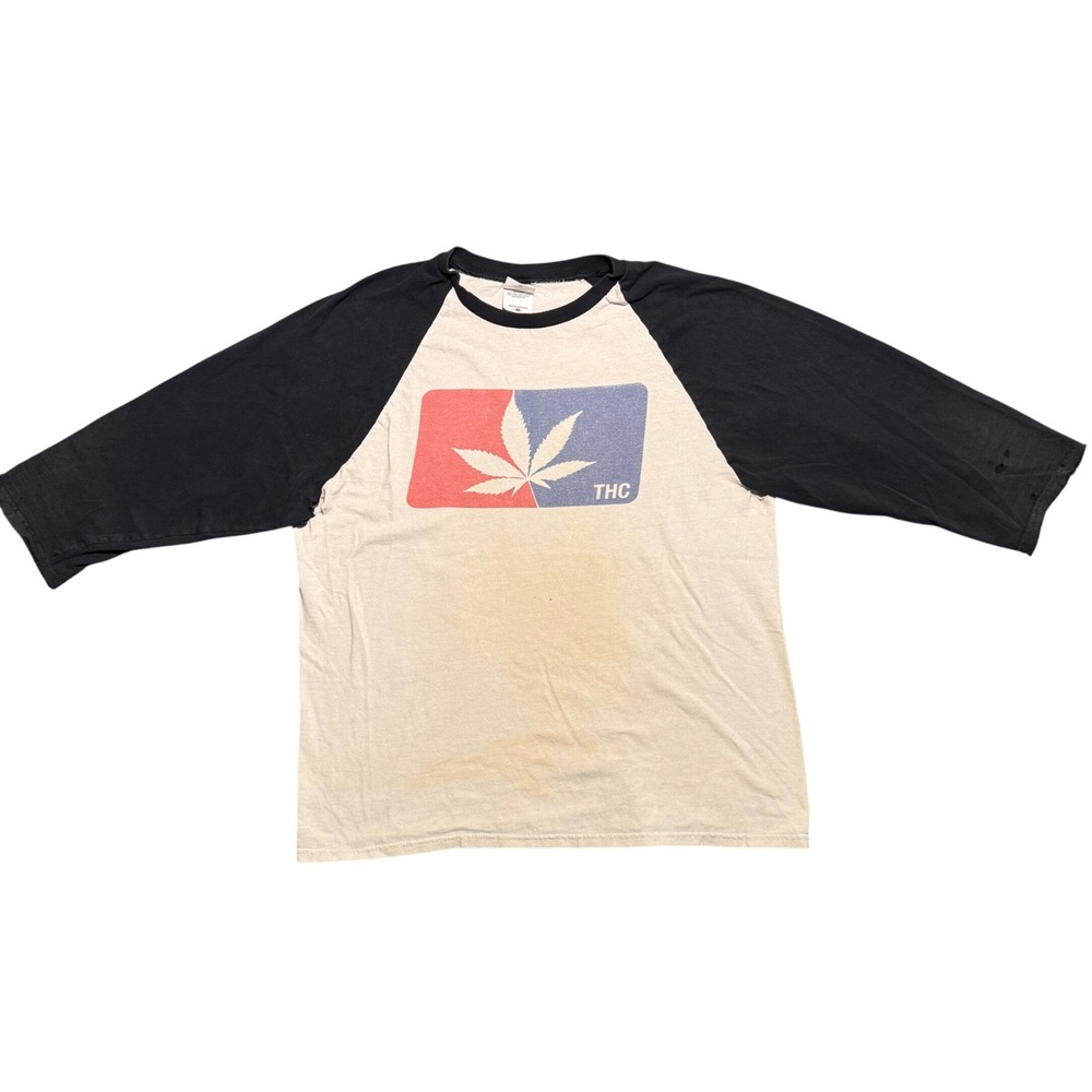 Vintage THC Cannabis MLB Parody Raglan Baseball Tee Shirt Black Cream M